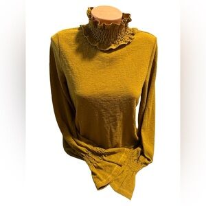 Patrizia Luca Women’s Mustard Saffron Frilly Turtleneck Long Sleeve Blouse M